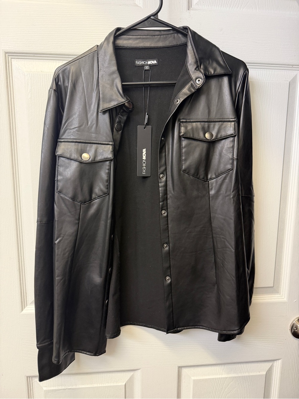 Fashion Nova Black Faux Leather Shirt Jacket with Snap Pockets and Collar